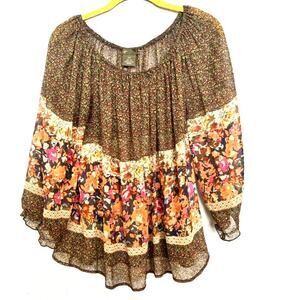 Fei‎ Anthropologie Silk Floral Print Sheer Blouse Top Sz Small S Boho Peasant